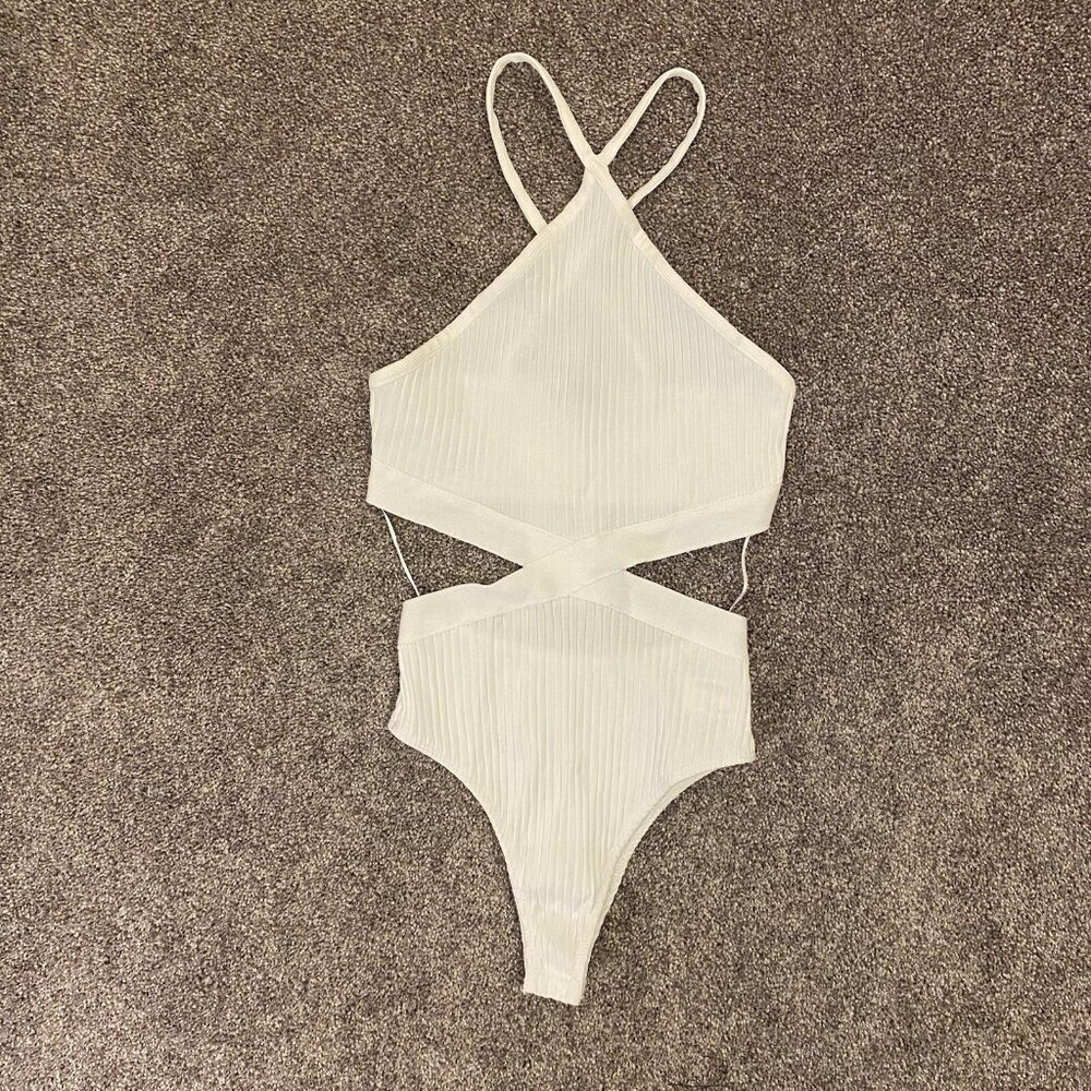 Zara Ribbed Cotton Blend Cut Out Bodysuit Women’s White Size S - Small - NWT - Picture 5 of 16
